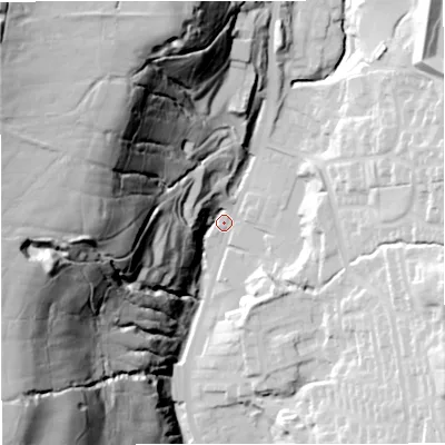 Shaded relief map of the ground around BB48LW, computed from Environment Agency LiDAR. The ground here sits at about 193 m above sea level and falls 114 m across the surrounding 800 m. Surface water reaching this point runs off ground lying to the north-west, 107.9 m higher.