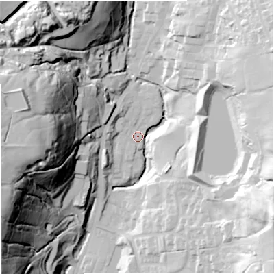 Shaded relief map of the ground around BB48LY, computed from Environment Agency LiDAR. The ground here sits at about 204 m above sea level and falls 87 m across the surrounding 800 m. Surface water reaching this point runs off ground lying to the west-north-west, 72.4 m higher.