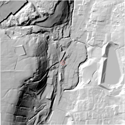 Shaded relief map of the ground around BB48LZ, computed from Environment Agency LiDAR. The ground here sits at about 210 m above sea level and falls 92 m across the surrounding 800 m. Surface water reaching this point runs off ground lying to the west, 72.7 m higher.