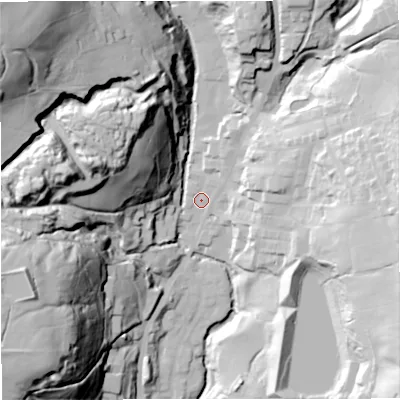 Shaded relief map of the ground around BB48NB, computed from Environment Agency LiDAR. The ground here sits at about 207 m above sea level and falls 96 m across the surrounding 800 m. Surface water reaching this point runs off ground lying to the east-north-east, 41.3 m higher.