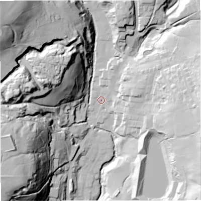 Shaded relief map of the ground around BB48NE, computed from Environment Agency LiDAR. The ground here sits at about 207 m above sea level and falls 95 m across the surrounding 800 m. Surface water reaching this point runs off ground lying to the east-north-east, 43.7 m higher.
