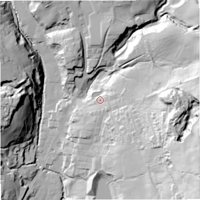 Shaded relief map of the ground around BB48PW, computed from Environment Agency LiDAR. The ground here sits at about 227 m above sea level and falls 94 m across the surrounding 800 m. Surface water reaching this point runs off ground lying to the east-south-east, 51.4 m higher.