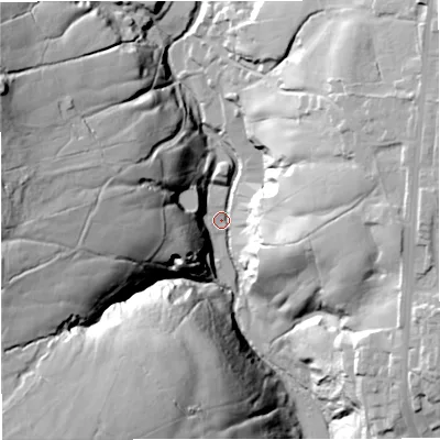 Shaded relief map of the ground around BB48QF, computed from Environment Agency LiDAR. The ground here sits at about 224 m above sea level and falls 77 m across the surrounding 800 m. Surface water reaching this point runs off ground lying to the west, 58.5 m higher.
