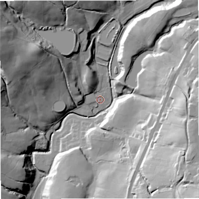Shaded relief map of the ground around BB48QT, computed from Environment Agency LiDAR. The ground here sits at about 242 m above sea level and falls 59 m across the surrounding 800 m. Surface water reaching this point runs off ground lying to the west-north-west, 46.8 m higher.