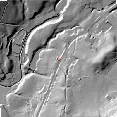 Shaded relief map of the ground around BB48RQ, computed from Environment Agency LiDAR. The ground here sits at about 264 m above sea level and falls 75 m across the surrounding 800 m. Surface water reaching this point runs off ground lying to the south-east, 7.7 m higher.