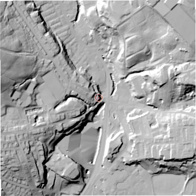 Shaded relief map of the ground around BB48SE, computed from Environment Agency LiDAR. The ground here sits at about 179 m above sea level and falls 54 m across the surrounding 800 m. Surface water reaching this point runs off ground lying to the west-north-west, 46.6 m higher.