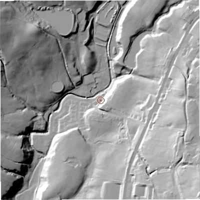 Shaded relief map of the ground around BB48TP, computed from Environment Agency LiDAR. The ground here sits at about 242 m above sea level and falls 65 m across the surrounding 800 m. Surface water reaching this point runs off ground lying to the east-south-east, 49.1 m higher.