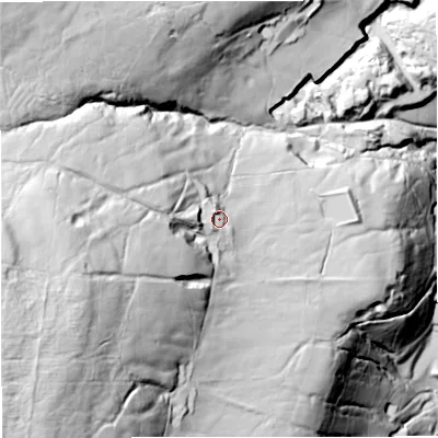 Shaded relief map of the ground around BB48UE, computed from Environment Agency LiDAR. The ground here sits at about 291 m above sea level and falls 169 m across the surrounding 800 m. Surface water reaching this point runs off ground lying to the west, 14.4 m higher.