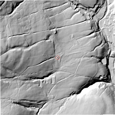 Shaded relief map of the ground around BB48UF, computed from Environment Agency LiDAR. The ground here sits at about 278 m above sea level and falls 129 m across the surrounding 800 m. Surface water reaching this point runs off ground lying to the west, 74.8 m higher.