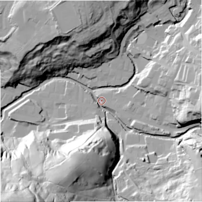 Shaded relief map of the ground around BB49AA, computed from Environment Agency LiDAR. The ground here sits at about 192 m above sea level and falls 107 m across the surrounding 800 m. Surface water reaching this point runs off ground lying to the south-south-west, 80.1 m higher.