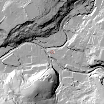 Shaded relief map of the ground around BB49AB, computed from Environment Agency LiDAR. The ground here sits at about 192 m above sea level and falls 98 m across the surrounding 800 m. Surface water reaching this point runs off ground lying to the east-north-east, 18.0 m higher.