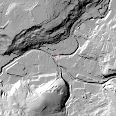 Shaded relief map of the ground around BB49AD, computed from Environment Agency LiDAR. The ground here sits at about 191 m above sea level and falls 91 m across the surrounding 800 m. Surface water reaching this point runs off ground lying to the north, 45.5 m higher.