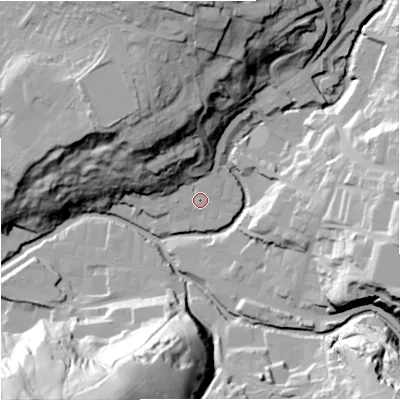 Shaded relief map of the ground around BB49AE, computed from Environment Agency LiDAR. The ground here sits at about 193 m above sea level and falls 62 m across the surrounding 800 m. Surface water reaching this point runs off ground lying to the north-west, 39.0 m higher.