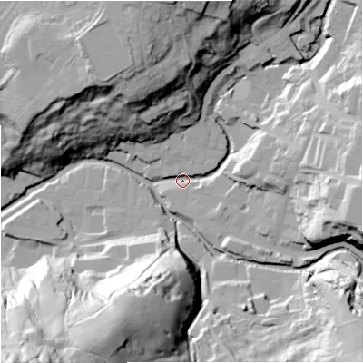 Shaded relief map of the ground around BB49AF, computed from Environment Agency LiDAR. The ground here sits at about 190 m above sea level and falls 83 m across the surrounding 800 m. Surface water reaching this point runs off ground lying to the north, 46.1 m higher.