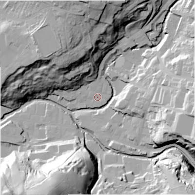 Shaded relief map of the ground around BB49AG, computed from Environment Agency LiDAR. The ground here sits at about 193 m above sea level and falls 63 m across the surrounding 800 m. Surface water reaching this point runs off ground lying to the north-north-west, 41.8 m higher.