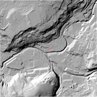 Shaded relief map of the ground around BB49AH, computed from Environment Agency LiDAR. The ground here sits at about 191 m above sea level and falls 67 m across the surrounding 800 m. Surface water reaching this point runs off ground lying to the north-north-west, 36.8 m higher.