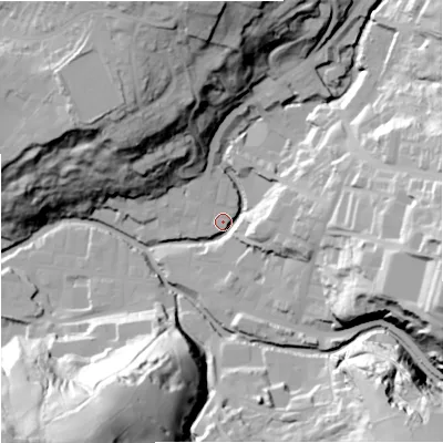 Shaded relief map of the ground around BB49AJ, computed from Environment Agency LiDAR. The ground here sits at about 193 m above sea level and falls 64 m across the surrounding 800 m. Surface water reaching this point runs off ground lying to the north, 51.5 m higher.
