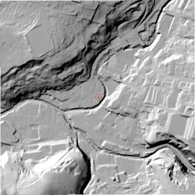 Shaded relief map of the ground around BB49AL, computed from Environment Agency LiDAR. The ground here sits at about 193 m above sea level and falls 63 m across the surrounding 800 m. Surface water reaching this point runs off ground lying to the north-north-west, 41.4 m higher.