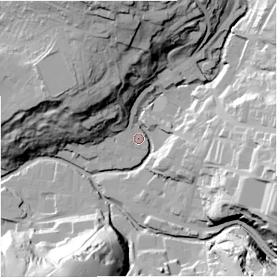 Shaded relief map of the ground around BB49AN, computed from Environment Agency LiDAR. The ground here sits at about 193 m above sea level and falls 63 m across the surrounding 800 m. Surface water reaching this point runs off ground lying to the north, 56.9 m higher.