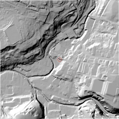 Shaded relief map of the ground around BB49AP, computed from Environment Agency LiDAR. The ground here sits at about 195 m above sea level and falls 62 m across the surrounding 800 m. Surface water reaching this point runs off ground lying to the east, 20.5 m higher.
