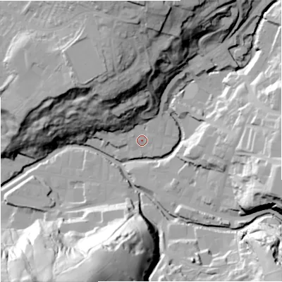 Shaded relief map of the ground around BB49AQ, computed from Environment Agency LiDAR. The ground here sits at about 193 m above sea level and falls 64 m across the surrounding 800 m. Surface water reaching this point runs off ground lying to the north-north-west, 39.3 m higher.