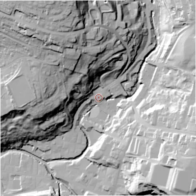 Shaded relief map of the ground around BB49AR, computed from Environment Agency LiDAR. The ground here sits at about 199 m above sea level and falls 71 m across the surrounding 800 m. Surface water reaching this point runs off ground lying to the north-north-west, 45.8 m higher.