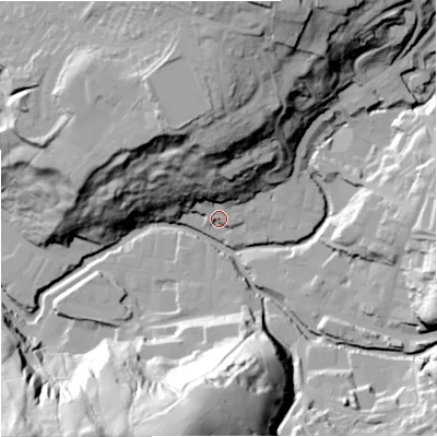 Shaded relief map of the ground around BB49AT, computed from Environment Agency LiDAR. The ground here sits at about 193 m above sea level and falls 64 m across the surrounding 800 m. Surface water reaching this point runs off ground lying to the north-north-west, 39.4 m higher.