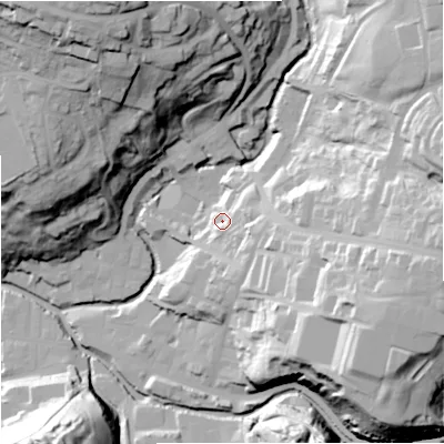 Shaded relief map of the ground around BB49BB, computed from Environment Agency LiDAR. The ground here sits at about 201 m above sea level and falls 64 m across the surrounding 800 m. Surface water reaching this point runs off ground lying to the east-south-east, 11.0 m higher.