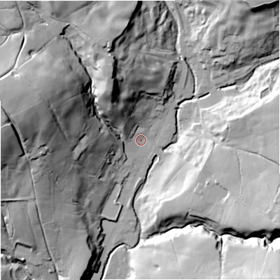 Shaded relief map of the ground around BB49BF, computed from Environment Agency LiDAR. The ground here sits at about 259 m above sea level and falls 55 m across the surrounding 800 m. Surface water reaching this point runs off ground lying to the north-west, 10.6 m higher.