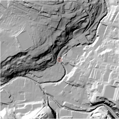 Shaded relief map of the ground around BB49DB, computed from Environment Agency LiDAR. The ground here sits at about 194 m above sea level and falls 66 m across the surrounding 800 m. Surface water reaching this point runs off ground lying to the north, 58.6 m higher.