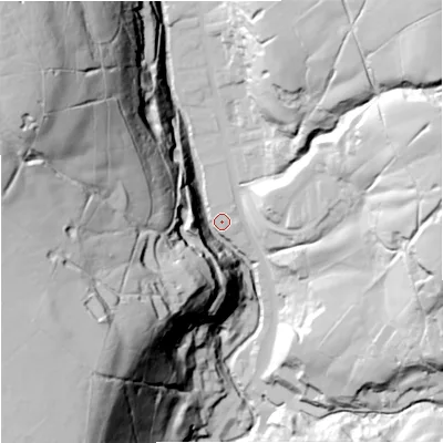 Shaded relief map of the ground around BB49DE, computed from Environment Agency LiDAR. The ground here sits at about 222 m above sea level and falls 109 m across the surrounding 800 m. Surface water reaching this point runs off ground lying to the north-west, 100.1 m higher.