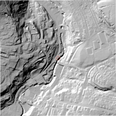 Shaded relief map of the ground around BB49DF, computed from Environment Agency LiDAR. The ground here sits at about 204 m above sea level and falls 104 m across the surrounding 800 m. Surface water reaching this point runs off ground lying to the north-west, 95.0 m higher.