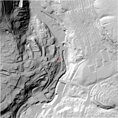 Shaded relief map of the ground around BB49DQ, computed from Environment Agency LiDAR. The ground here sits at about 205 m above sea level and falls 112 m across the surrounding 800 m. Surface water reaching this point runs off ground lying to the west, 22.3 m higher.