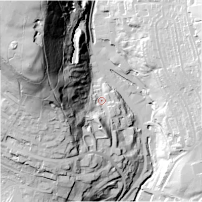 Shaded relief map of the ground around BB49DS, computed from Environment Agency LiDAR. The ground here sits at about 215 m above sea level and falls 114 m across the surrounding 800 m. Surface water reaching this point runs off ground lying to the west-north-west, 86.8 m higher.