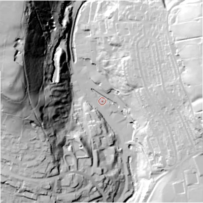 Shaded relief map of the ground around BB49HP, computed from Environment Agency LiDAR. The ground here sits at about 205 m above sea level and falls 112 m across the surrounding 800 m. Surface water reaching this point runs off ground lying to the north-west, 107.1 m higher.