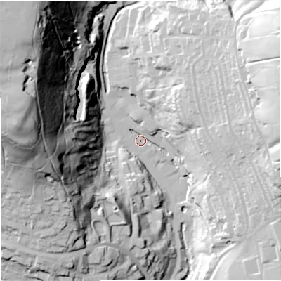 Shaded relief map of the ground around BB49HQ, computed from Environment Agency LiDAR. The ground here sits at about 204 m above sea level and falls 112 m across the surrounding 800 m. Surface water reaching this point runs off ground lying to the north-west, 107.4 m higher.