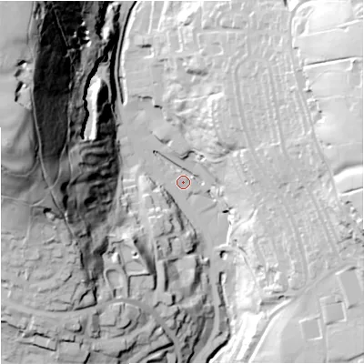 Shaded relief map of the ground around BB49HR, computed from Environment Agency LiDAR. The ground here sits at about 205 m above sea level and falls 111 m across the surrounding 800 m. Surface water reaching this point runs off ground lying to the north-west, 106.2 m higher.