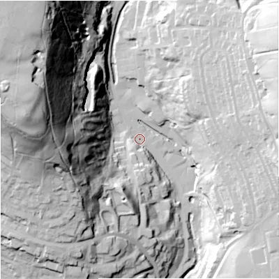 Shaded relief map of the ground around BB49HU, computed from Environment Agency LiDAR. The ground here sits at about 205 m above sea level and falls 113 m across the surrounding 800 m. Surface water reaching this point runs off ground lying to the north-west, 108.0 m higher.