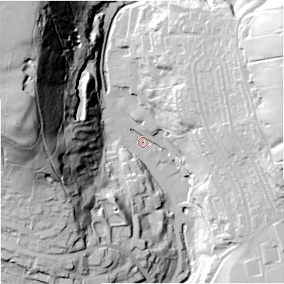 Shaded relief map of the ground around BB49HY, computed from Environment Agency LiDAR. The ground here sits at about 205 m above sea level and falls 112 m across the surrounding 800 m. Surface water reaching this point runs off ground lying to the north-west, 107.4 m higher.