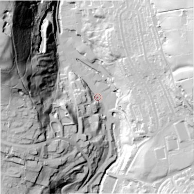 Shaded relief map of the ground around BB49JA, computed from Environment Agency LiDAR. The ground here sits at about 205 m above sea level and falls 113 m across the surrounding 800 m. Surface water reaching this point runs off ground lying to the west-north-west, 104.7 m higher.