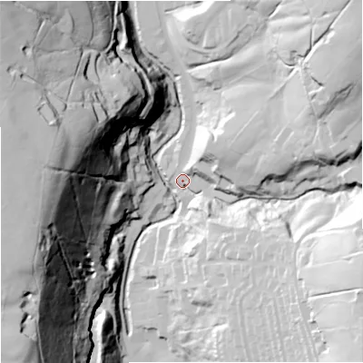 Shaded relief map of the ground around BB49JB, computed from Environment Agency LiDAR. The ground here sits at about 216 m above sea level and falls 107 m across the surrounding 800 m. Surface water reaching this point runs off ground lying to the north-east, 60.1 m higher.