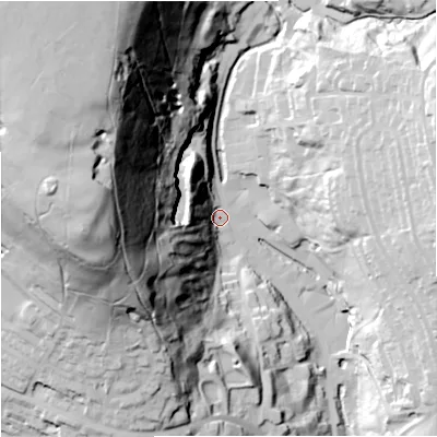 Shaded relief map of the ground around BB49JD, computed from Environment Agency LiDAR. The ground here sits at about 207 m above sea level and falls 112 m across the surrounding 800 m. Surface water reaching this point runs off ground lying to the west-north-west, 108.0 m higher.