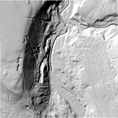 Shaded relief map of the ground around BB49JE, computed from Environment Agency LiDAR. The ground here sits at about 211 m above sea level and falls 110 m across the surrounding 800 m. Surface water reaching this point runs off ground lying to the east, 49.6 m higher.