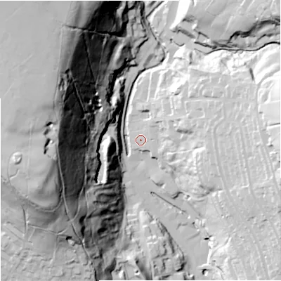 Shaded relief map of the ground around BB49JF, computed from Environment Agency LiDAR. The ground here sits at about 210 m above sea level and falls 111 m across the surrounding 800 m. Surface water reaching this point runs off ground lying to the east-north-east, 28.7 m higher.