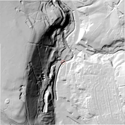 Shaded relief map of the ground around BB49JR, computed from Environment Agency LiDAR. The ground here sits at about 211 m above sea level and falls 109 m across the surrounding 800 m. Surface water reaching this point runs off ground lying to the west, 103.1 m higher.