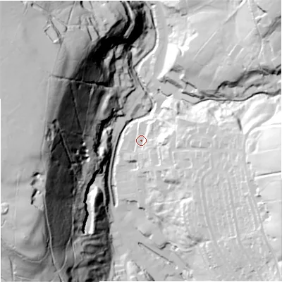 Shaded relief map of the ground around BB49JW, computed from Environment Agency LiDAR. The ground here sits at about 215 m above sea level and falls 110 m across the surrounding 800 m. Surface water reaching this point runs off ground lying to the east, 31.3 m higher.