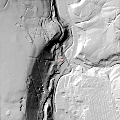 Shaded relief map of the ground around BB49JX, computed from Environment Agency LiDAR. The ground here sits at about 221 m above sea level and falls 111 m across the surrounding 800 m. Surface water reaching this point runs off ground lying to the west, 94.8 m higher.