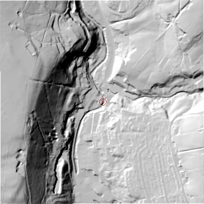 Shaded relief map of the ground around BB49JY, computed from Environment Agency LiDAR. The ground here sits at about 213 m above sea level and falls 108 m across the surrounding 800 m. Surface water reaching this point runs off ground lying to the west, 98.9 m higher.