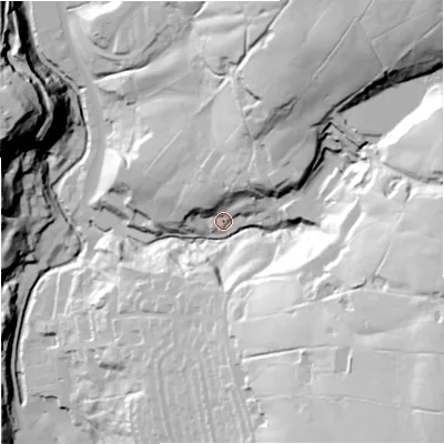 Shaded relief map of the ground around BB49JZ, computed from Environment Agency LiDAR. The ground here sits at about 230 m above sea level and falls 89 m across the surrounding 800 m. Surface water reaching this point runs off ground lying to the north-north-east, 46.2 m higher.