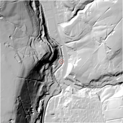 Shaded relief map of the ground around BB49LA, computed from Environment Agency LiDAR. The ground here sits at about 215 m above sea level and falls 108 m across the surrounding 800 m. Surface water reaching this point runs off ground lying to the north-west, 101.6 m higher.